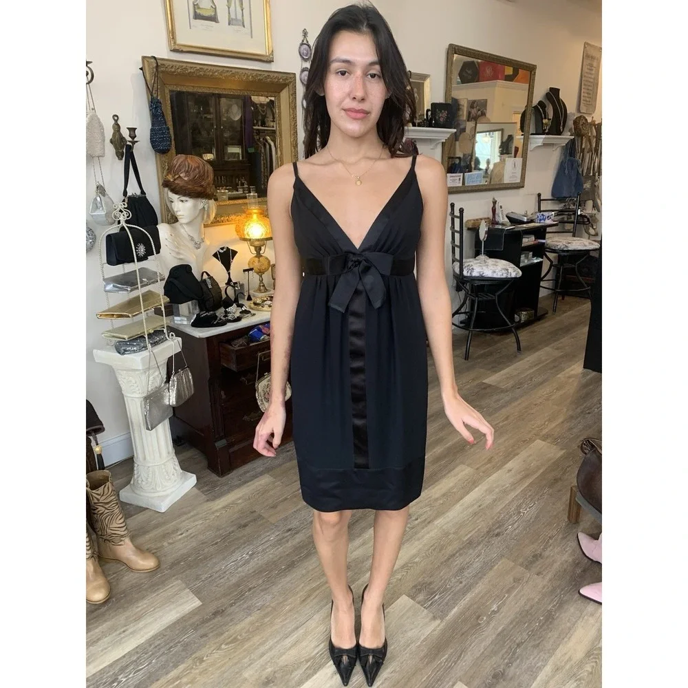 CHANEL BLACK SHEER SILK  SATIN BOW COCKTAIL DRESS 38